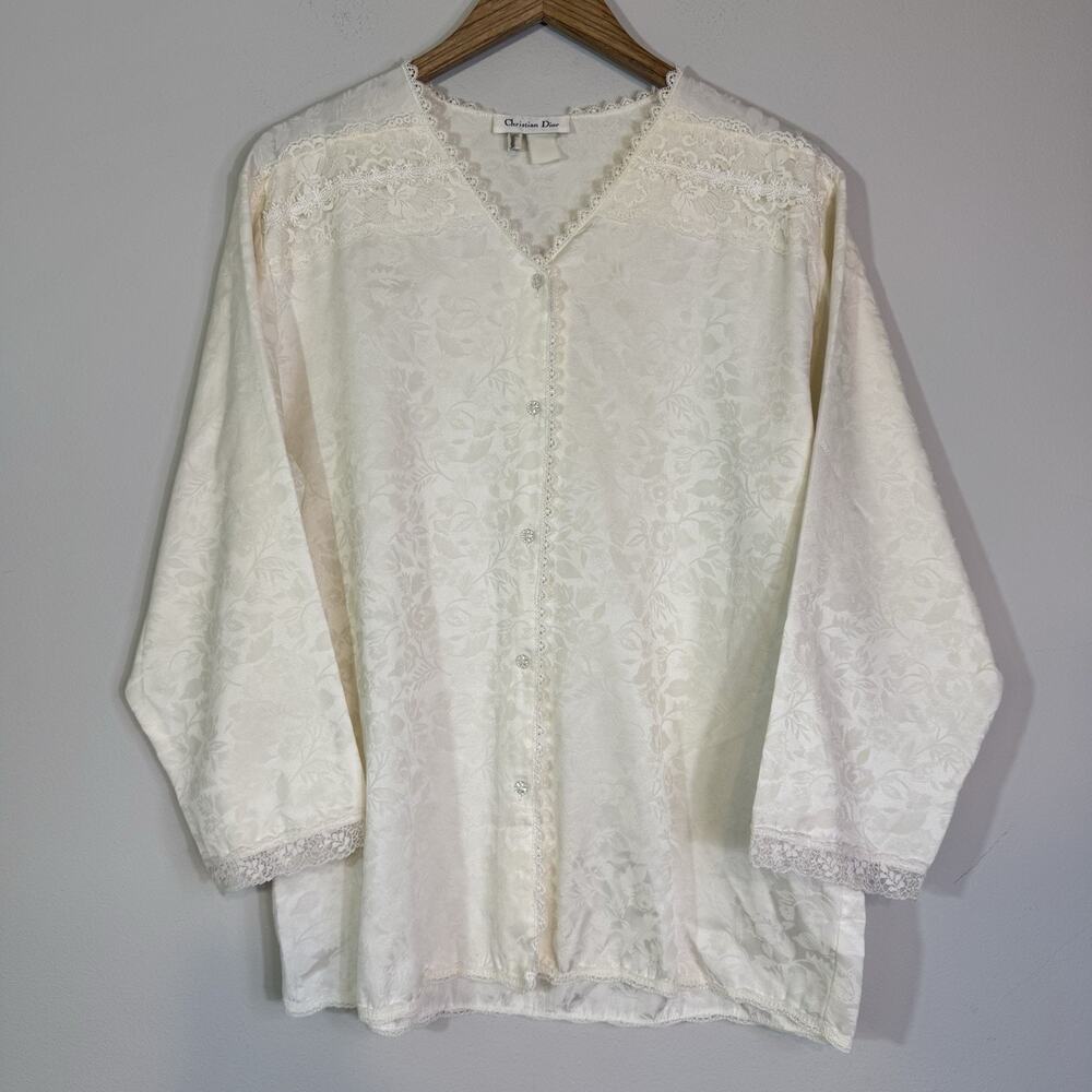 CHRISTIAN DIOR Vtg 80s Neiman Marcus Ivory Satin Jacquard Pajama Sleep Top Lace